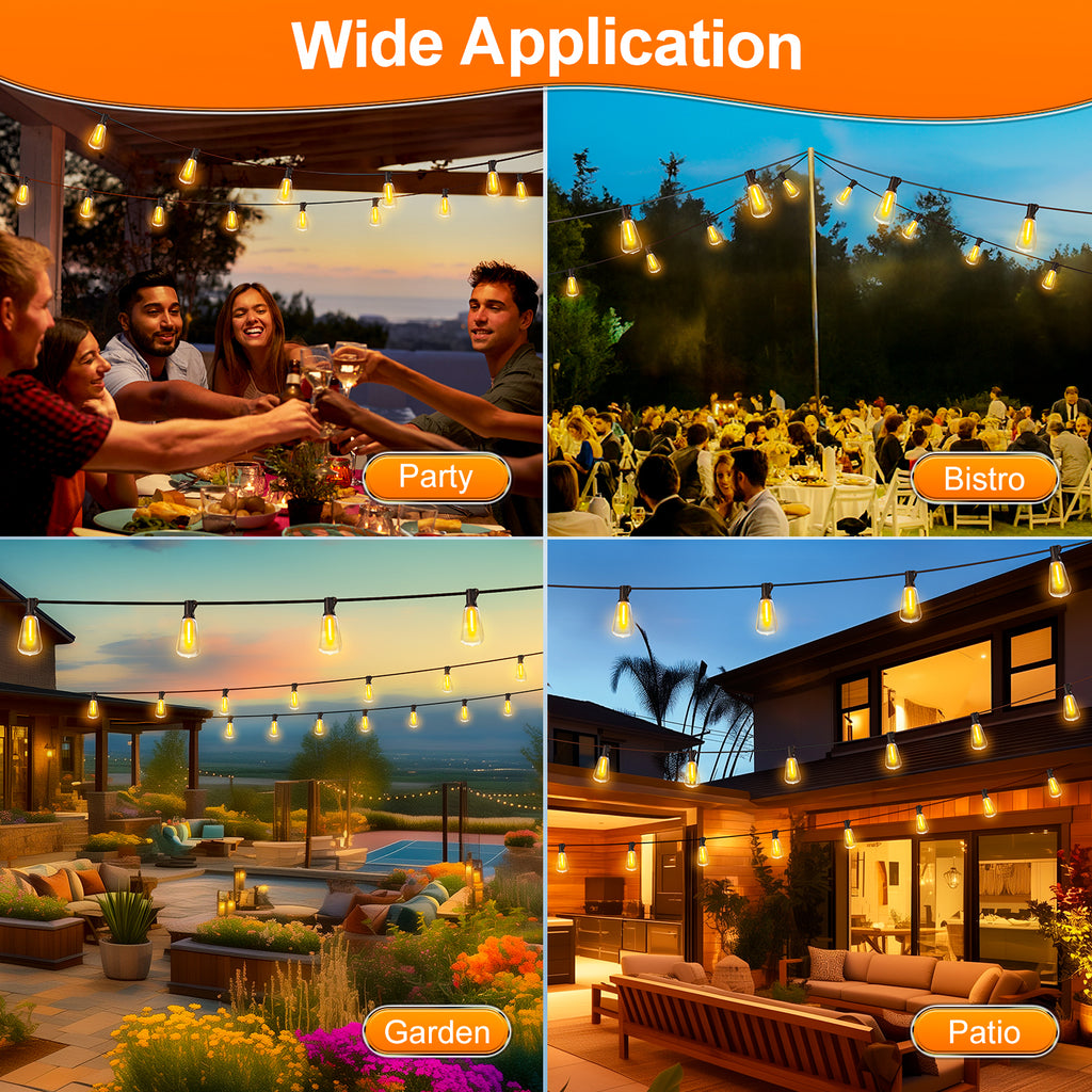 Outdoor String Led Patio Lights - 100Ft 30M Outside Waterproof Light With Remote Dimmable ST38 Shatterproof Bulb Connectable Hanging Outdoor Electric Lighting For Backyard Yard Gazebo Porch Party