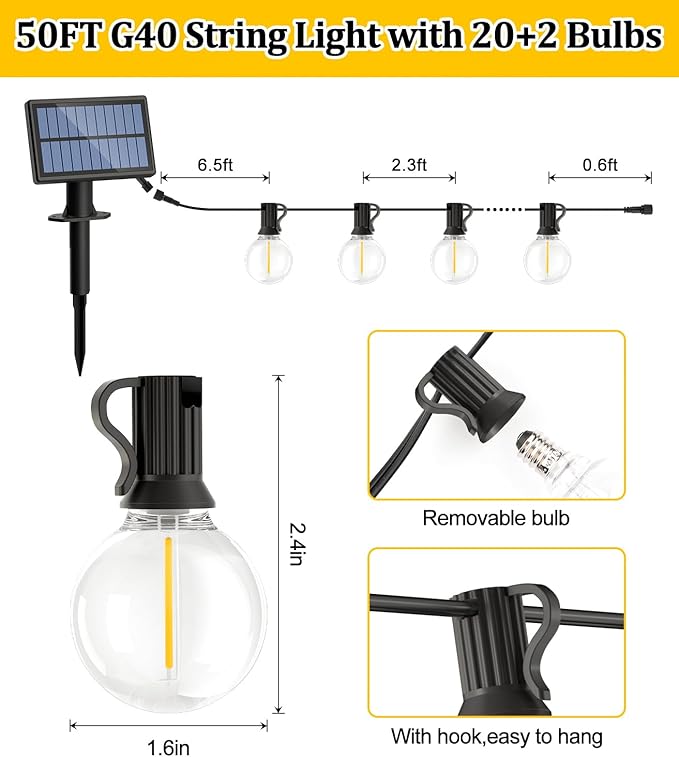 Solar string lights for outdoor use: G40 50ft LED Blub - 15M Solar Garden Lights Remote Controlled Lights for Outdoor Gazebo - Balcony Parties Patio Patio Wedding [Energy Class E]