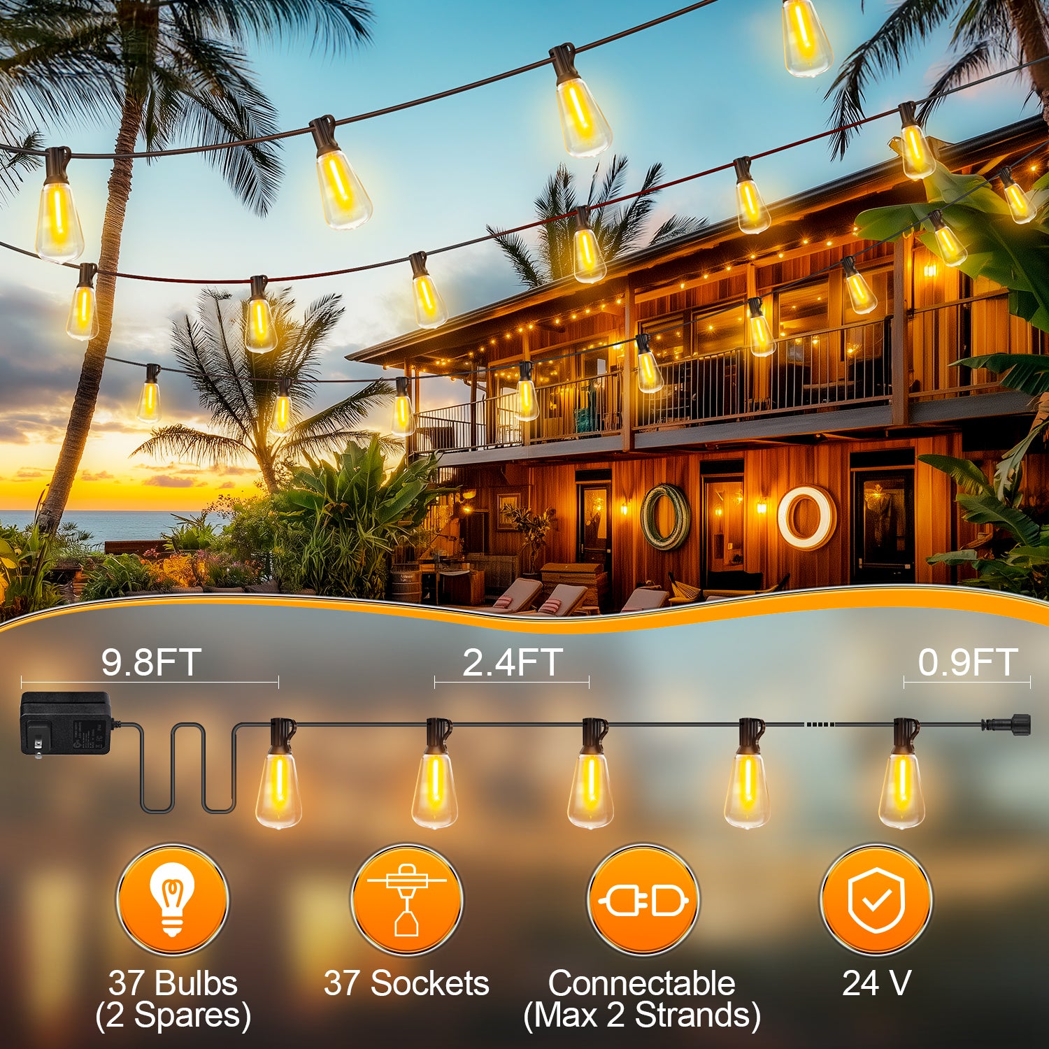 Outdoor String LED Patio Lights - 100Ft 30M Outside Waterproof Light with Remote Dimmable ST38 Shatterproof Bulb Connectable Hanging Outdoor Electric Lighting for Backyard Yard Gazebo Porch Party