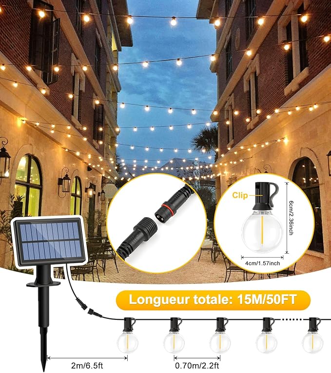 Outdoor Solar Garden Lights: G40 50ft LED Bulb - 15m Solar Garden Light Bulbs for Outdoor Gazebo - Balcony Party Patio Wedding [Energy Class E]