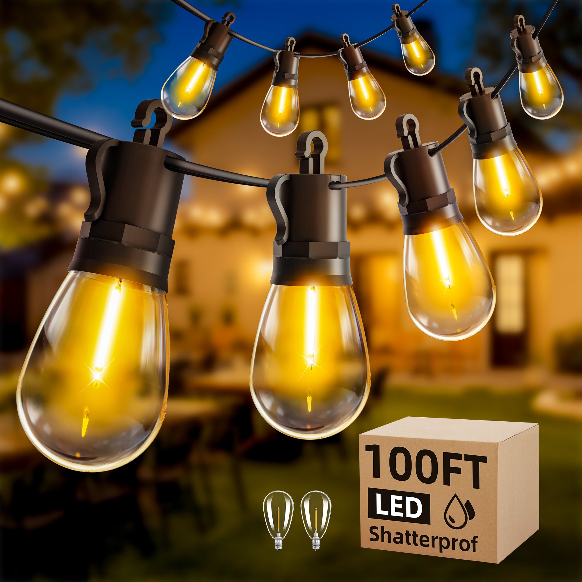 Outdoor String Lights Patio LED Light Outside - 30M 28+2 S14 LED 100ft Porch Lighting IP65 Waterproof