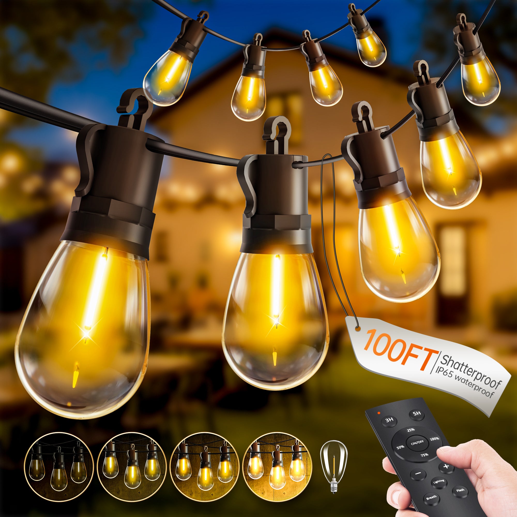 Outdoor String Lights Patio LED Light Outside - 30M 28+2 S14 LED with Remote Control 100ft Porch Lighting IP65 Waterproof