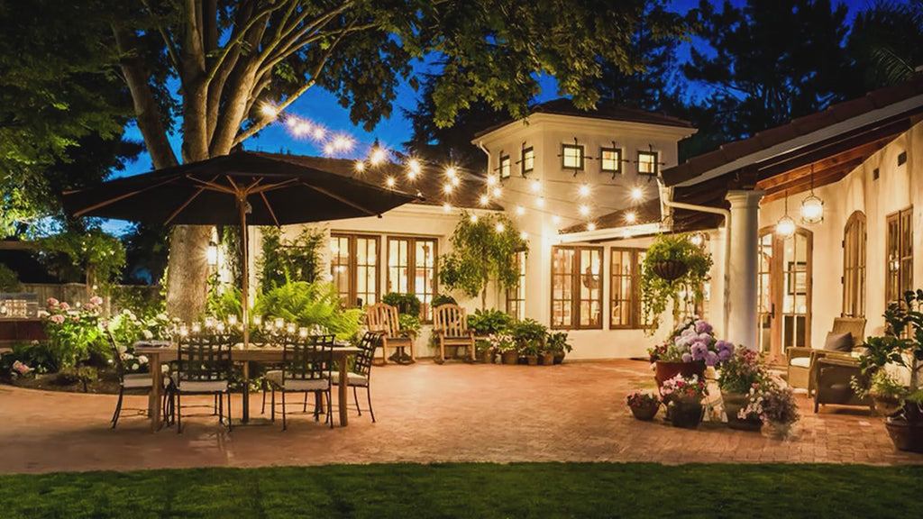 Outdoor String LED Patio Lights - 100Ft 30M Outside Waterproof Light with Remote Dimmable ST38 Shatterproof Bulb Connectable Hanging Outdoor Electric Lighting for Backyard Yard Gazebo Porch Party